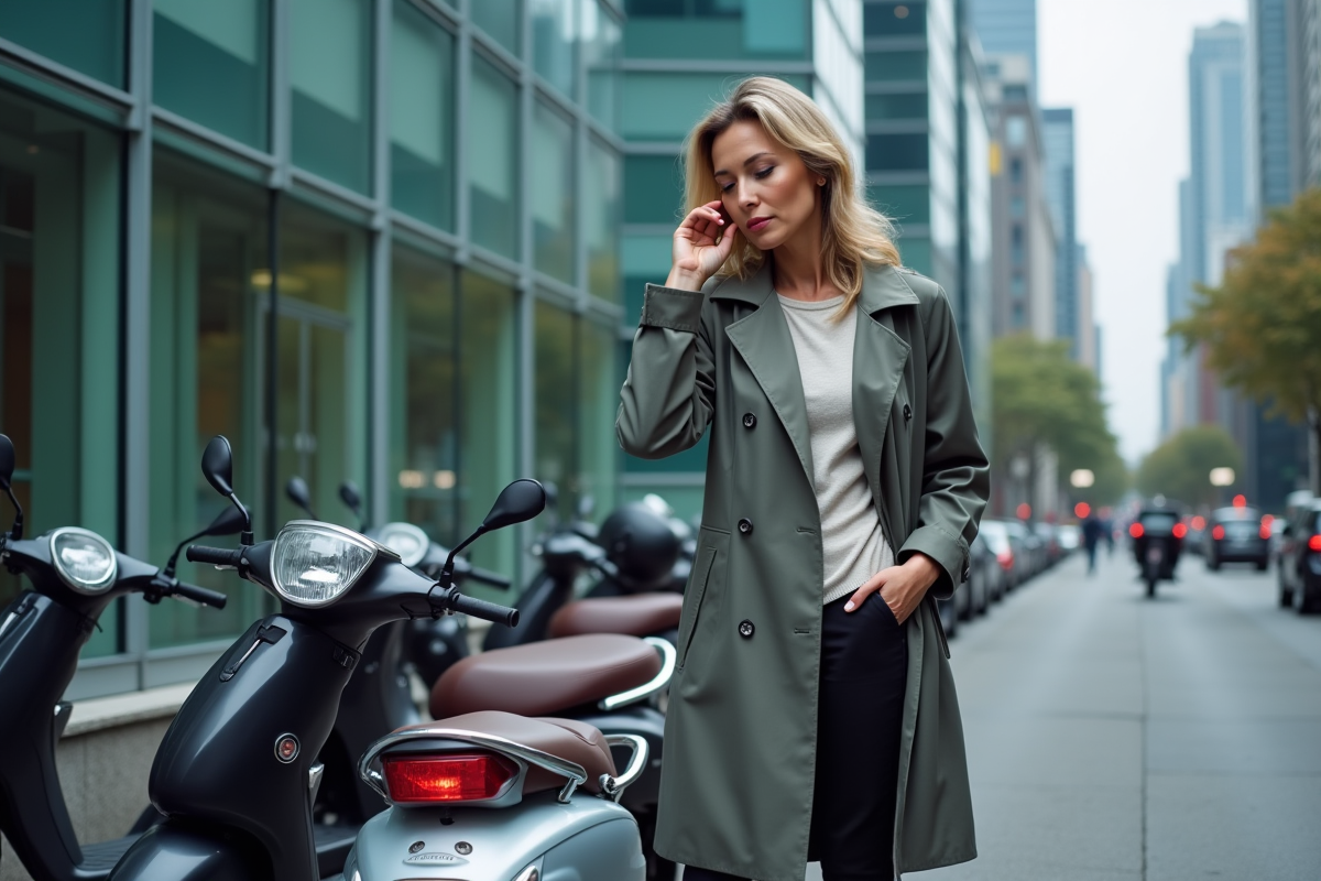 Femme verrouille scooter dans un parking urbain