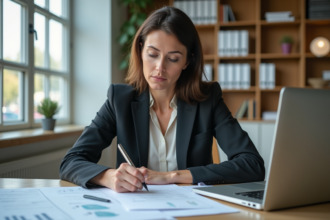 Femme en bureau étudiant des documents d'urbanisme
