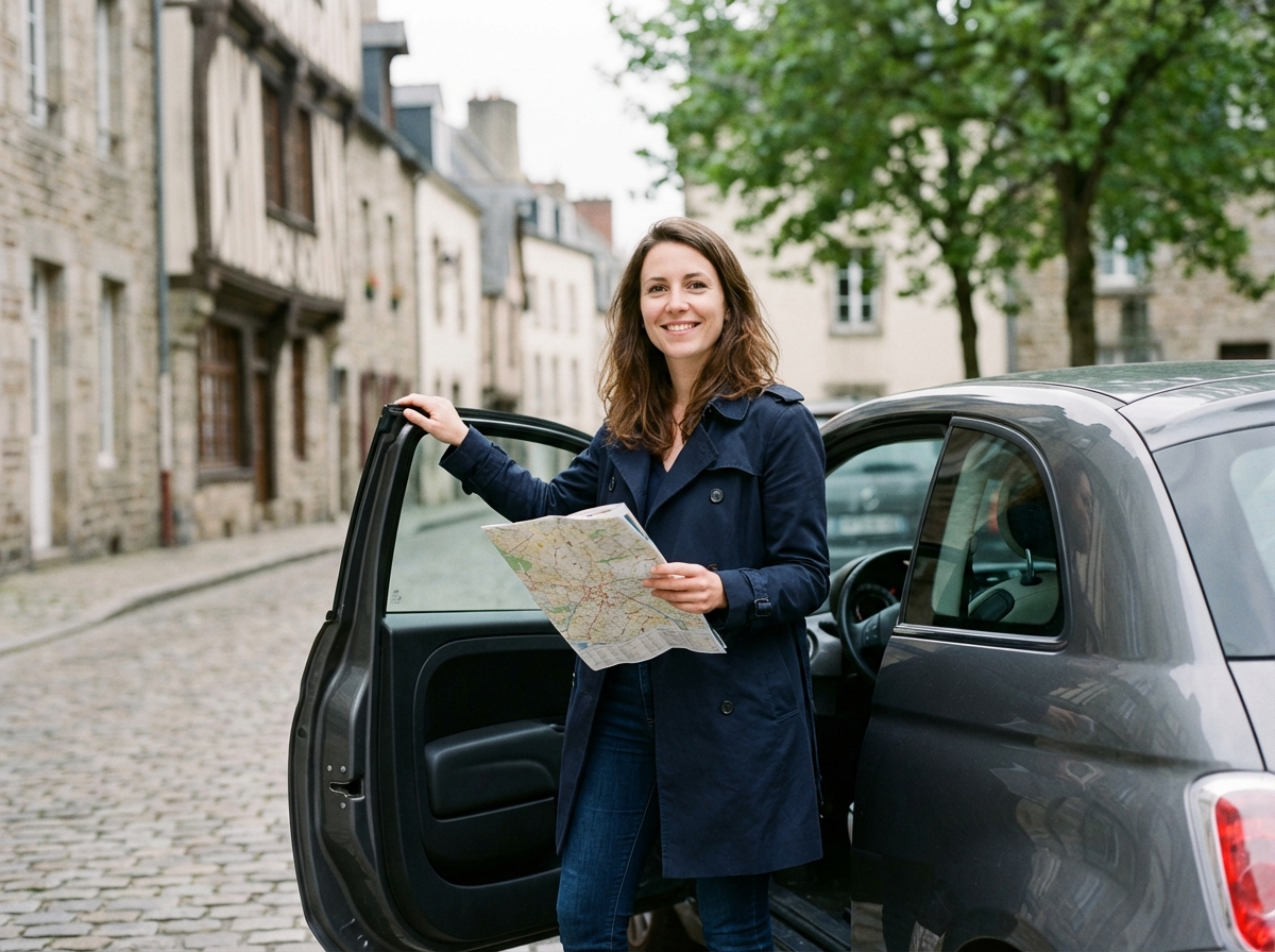 Jeune femme souriante devant une voiture en ville à Rennes