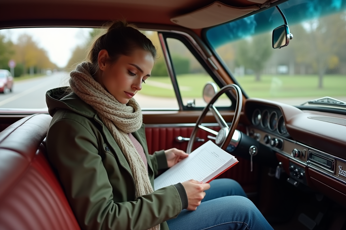 Jeune femme dans une voiture classique en train de lire