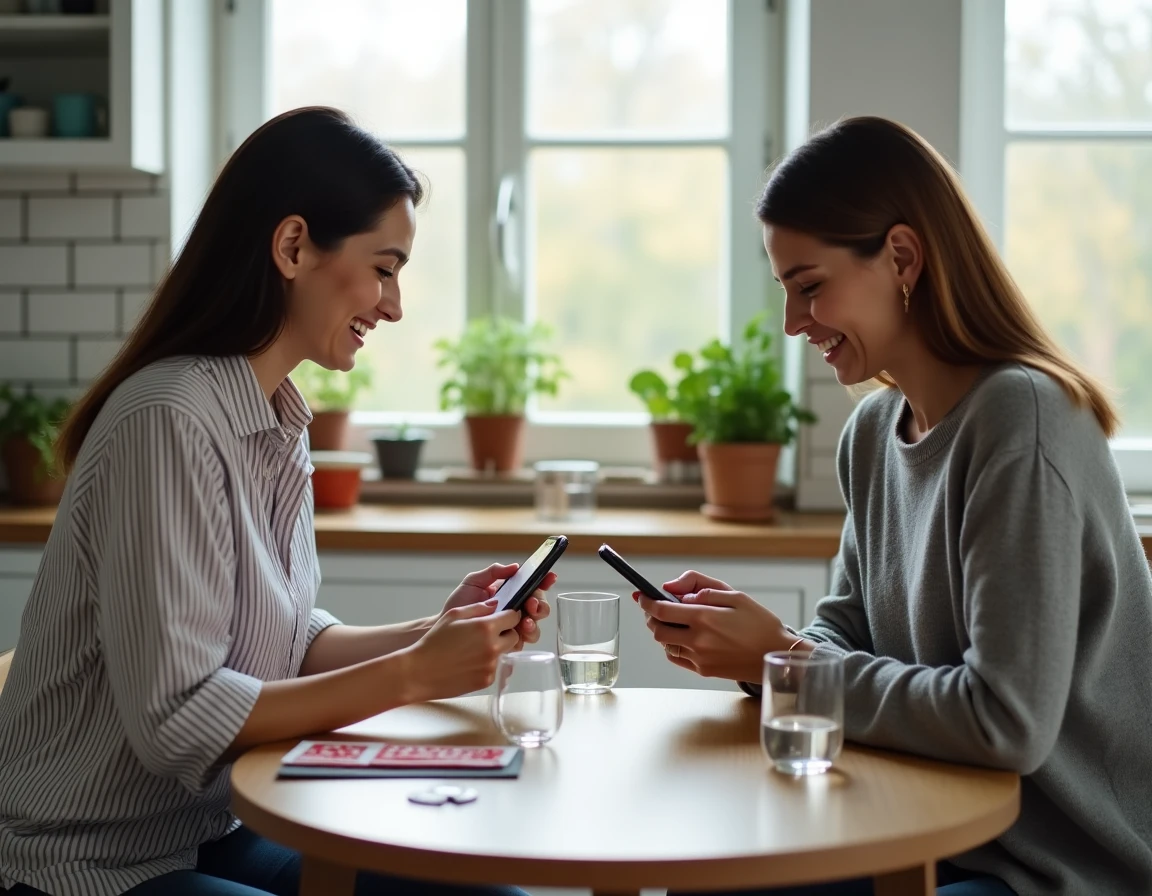 Deux femmes jouant à la belote coinchée en ligne sur smartphone autour d'une table de cuisine
