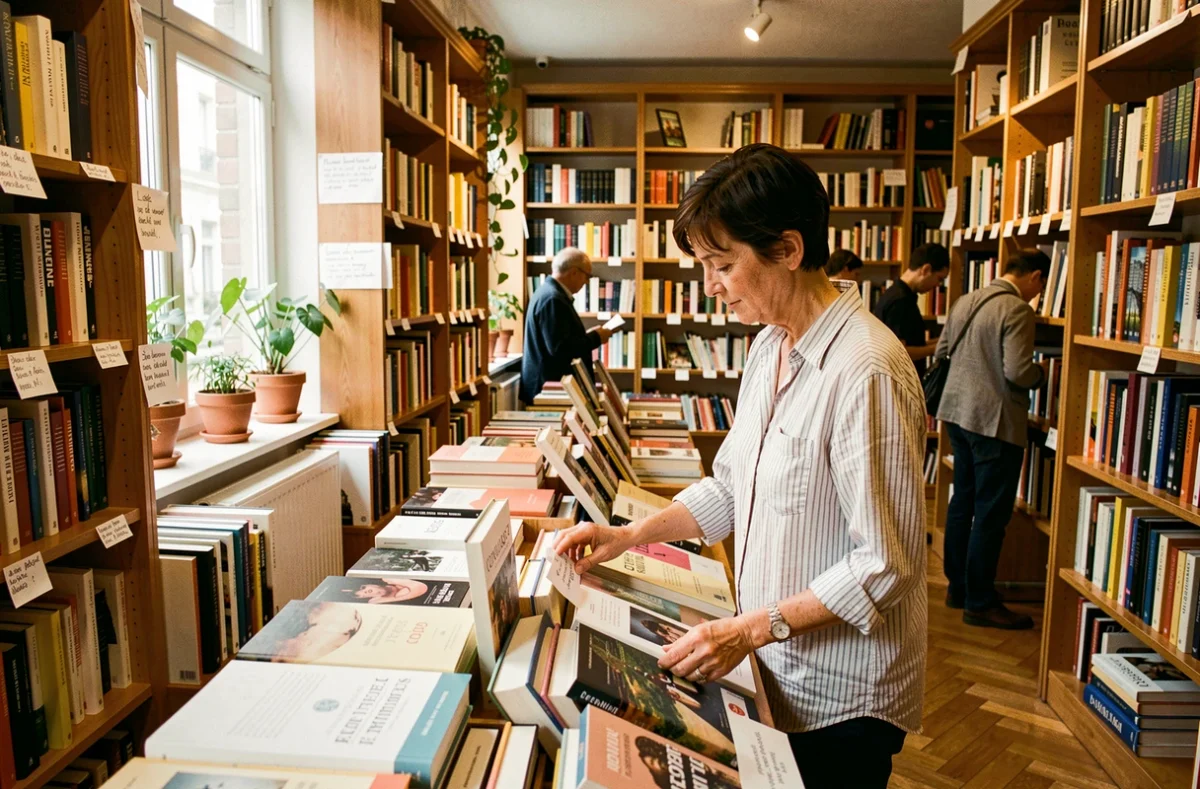 Intérieur de la librairie Folies d'Encre à Montreuil avec une libraire rangeant des livres sur une table de présentation