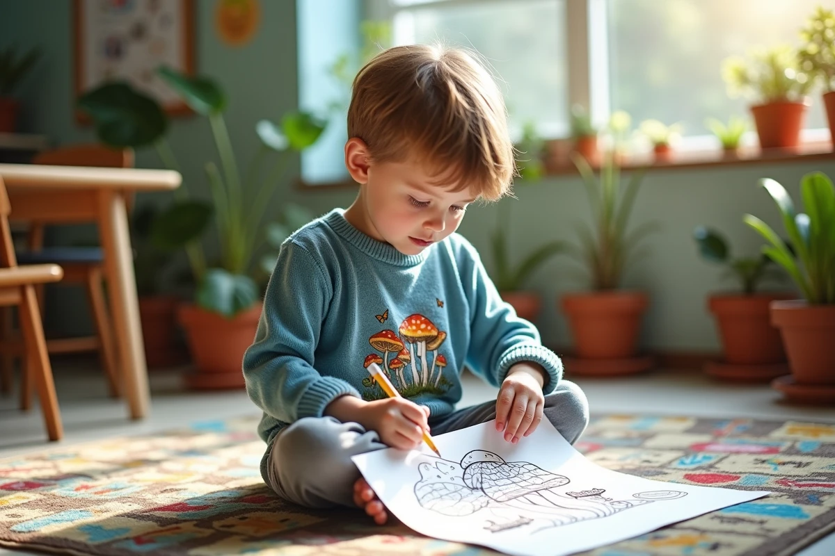 Garçon de 6 ans examinant une page de champignon à l
