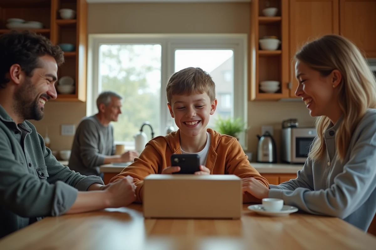 Garçon de teenager déballant un mobile en famille dans la cuisine