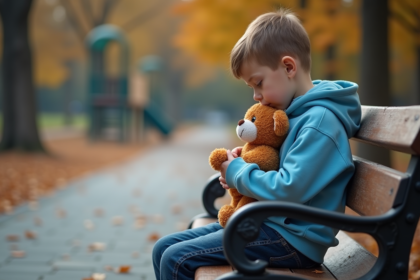 Garçon de 8 ans en hoodie bleu assis seul dans un parc automnal