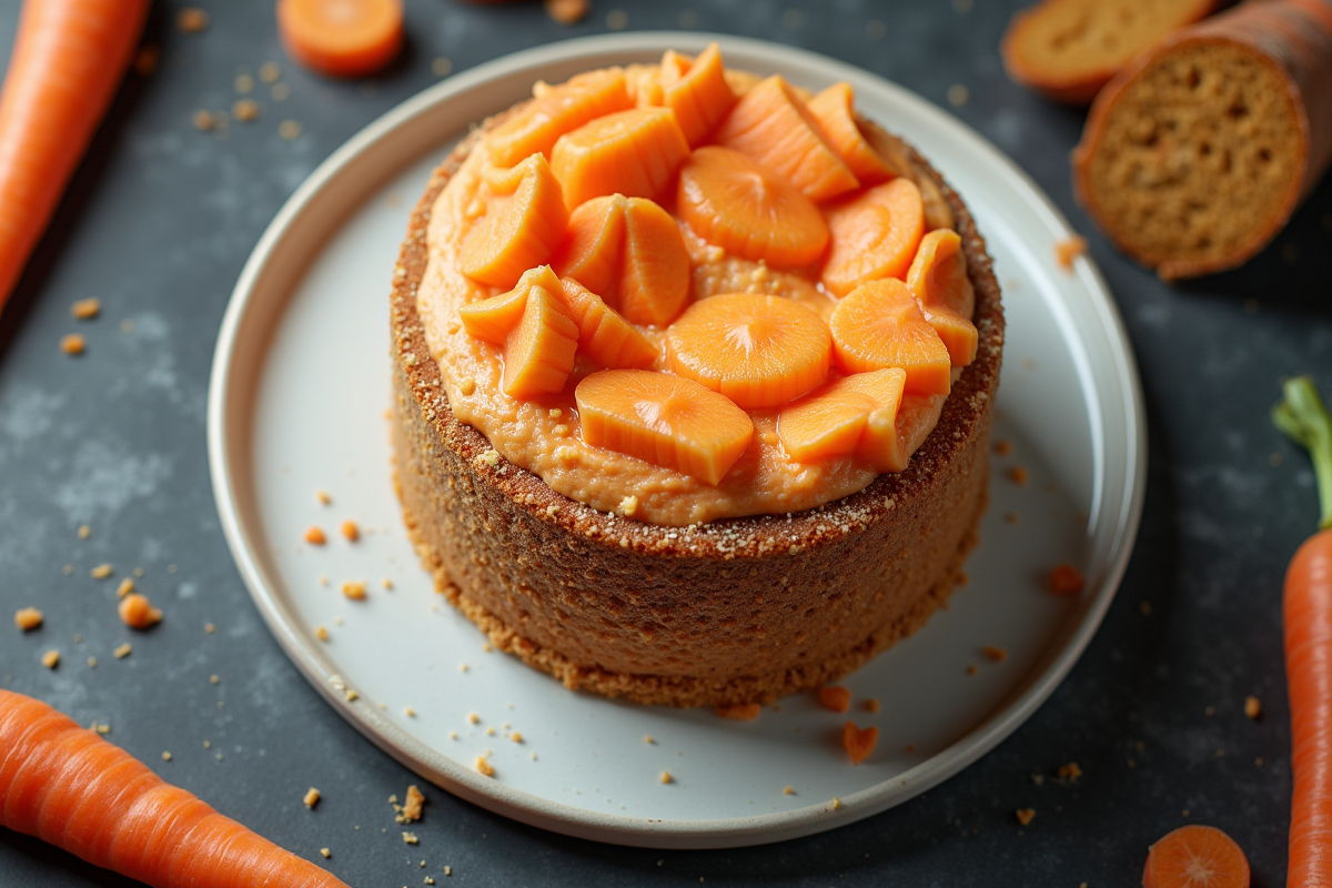 Gâteau à la carotte entier sur une assiette moderne