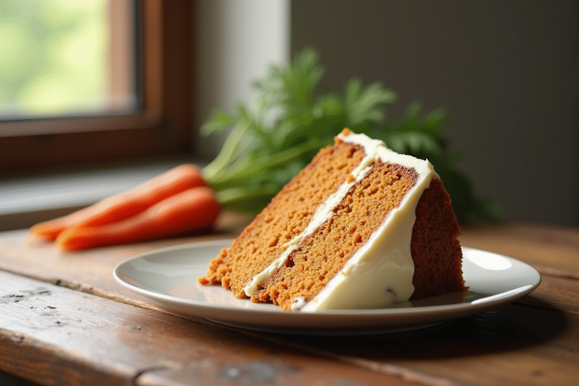 Gâteau à la carotte tranché sur une table en bois rustique