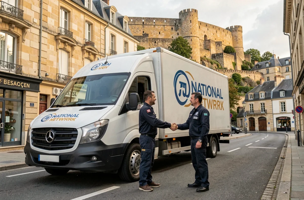 Camion des Gentlemen du Déménagement Besançon avec la citadelle en arrière-plan symbolisant l'ancrage local