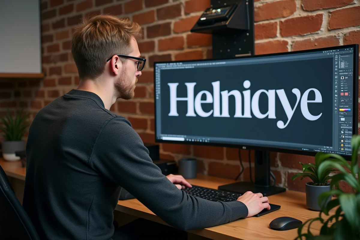 Graphiste travaillant sur une identité de marque avec police Helonia Neue dans un studio home office