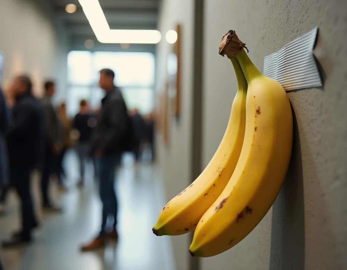 Gros plan d'une banane fixée au mur avec du scotch dans un espace d'exposition contemporain avec des visiteurs flous en arrière-plan