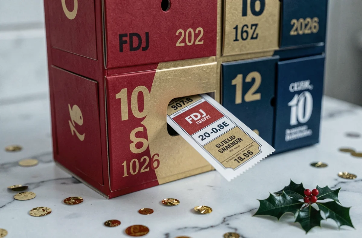 Gros plan sur les cases numérotées du calendrier de l'avent FDJ 2026 avec tickets visibles sur marbre