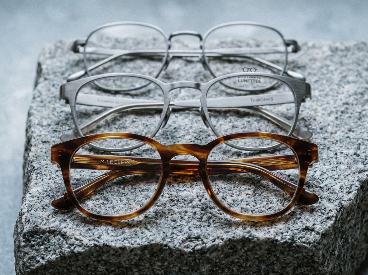 Gros plan de montures de lunettes artisanales bretonnes posées sur du granit gris texturé
