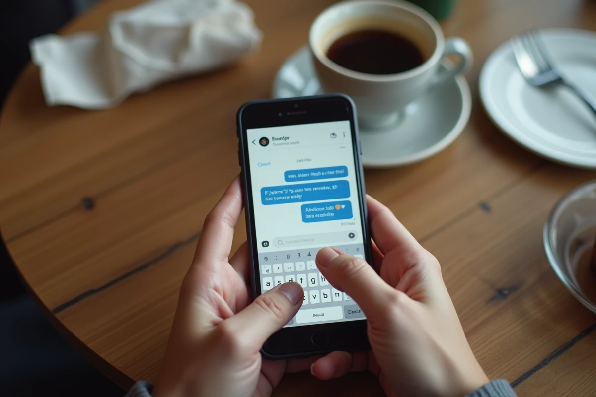 Gros plan de mains tenant un smartphone avec une interface de messagerie SMS anonyme dans un café