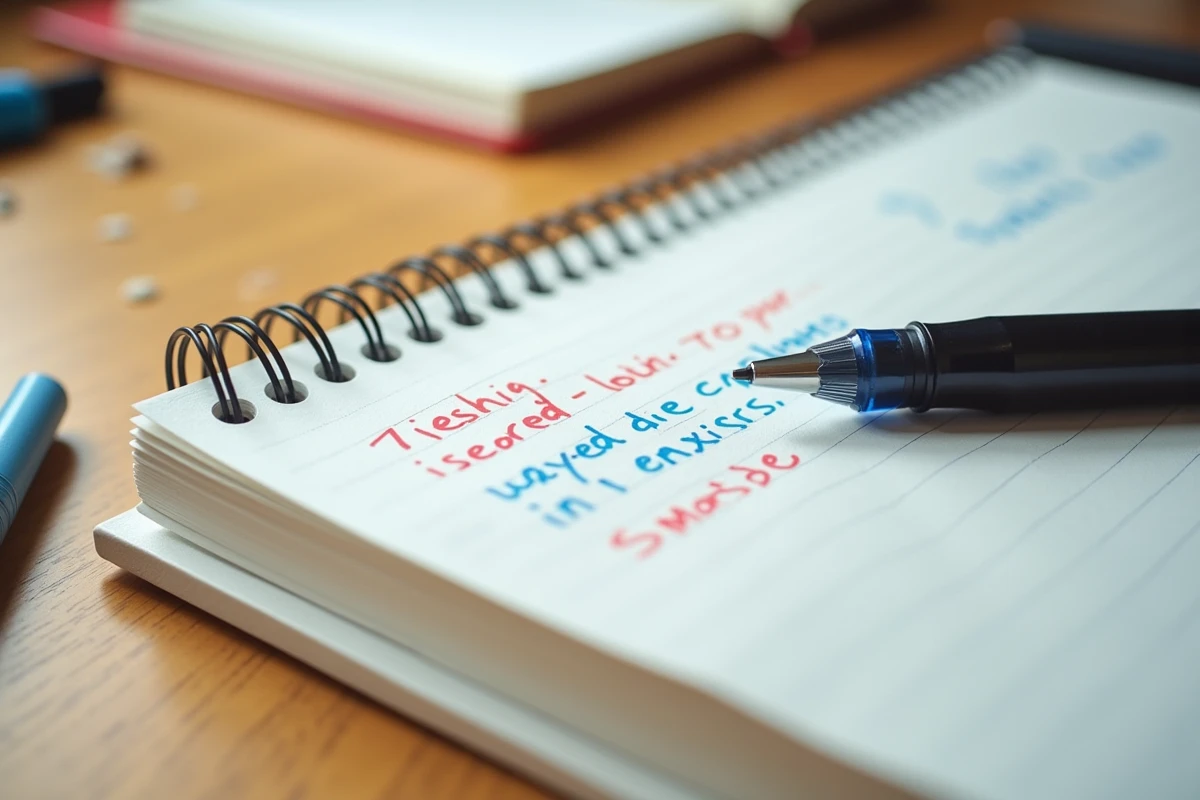 Gros plan d'un stylo 4 couleurs effaçable posé sur un cahier annoté avec corrections visibles en rouge et bleu