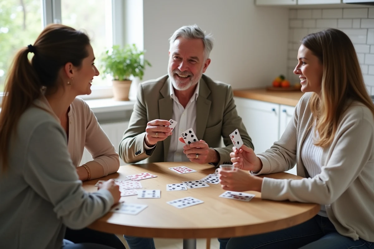 Groupe d'amis adultes jouant une partie de belote autour d'une table dans une cuisine contemporaine