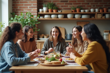 Groupe d'amis jeunes partageant un repas dans une cuisine moderne
