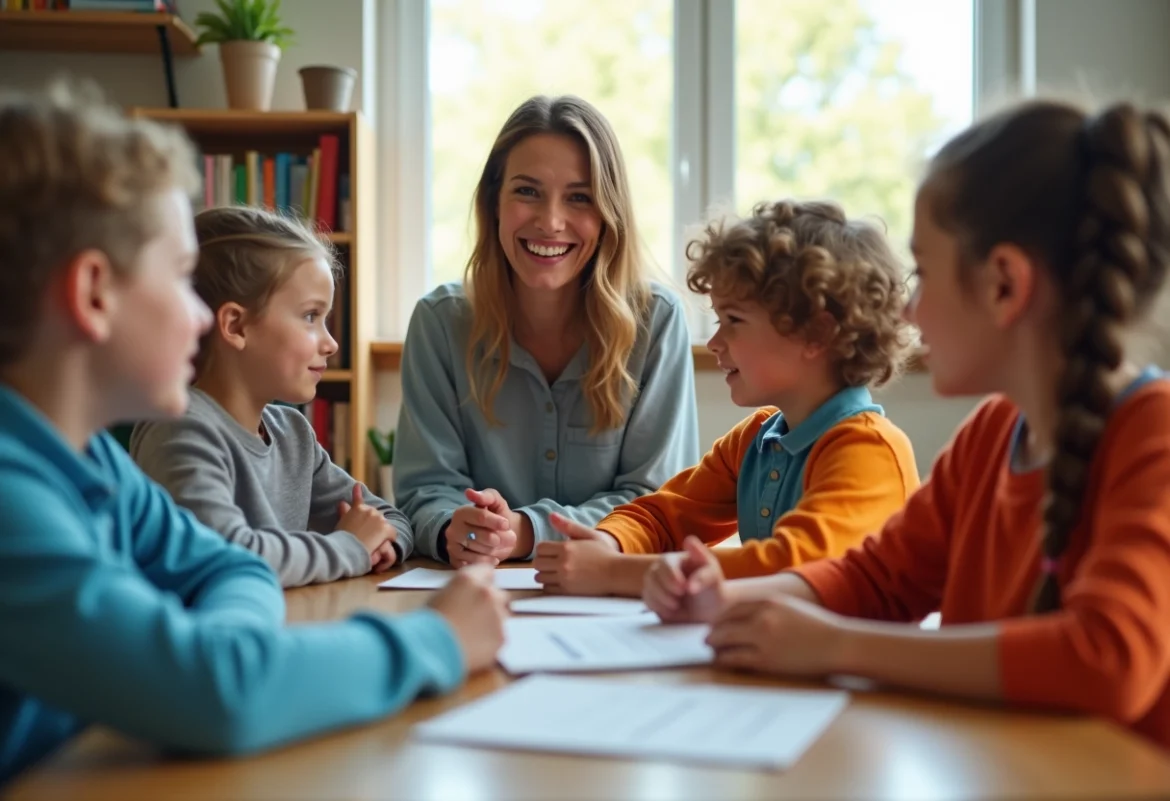 Enfants en classe avec une enseignante souriante