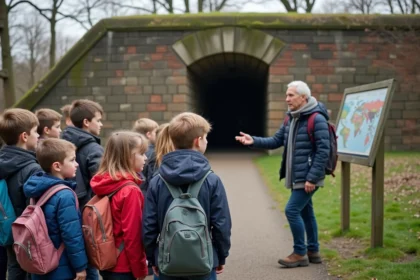 Enfants d'école autour d'un panneau historique devant un bunker