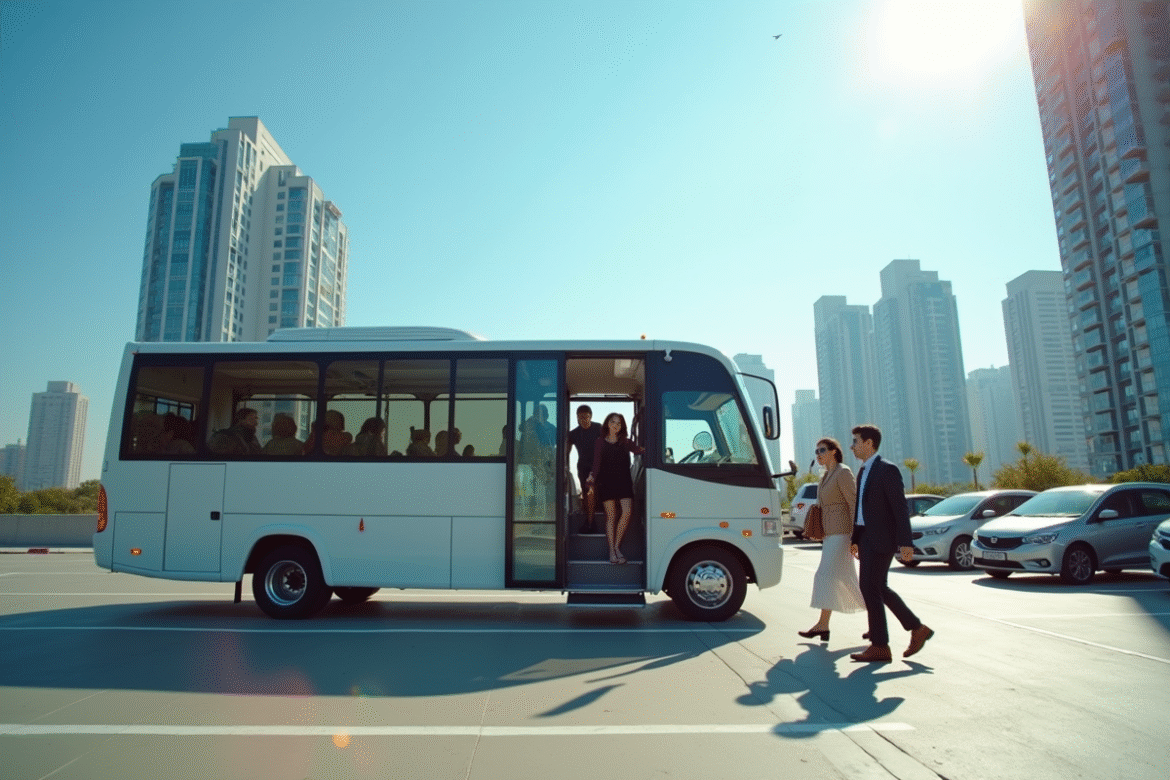 Groupe de personnes embarquant dans un minibus urbain ensoleille