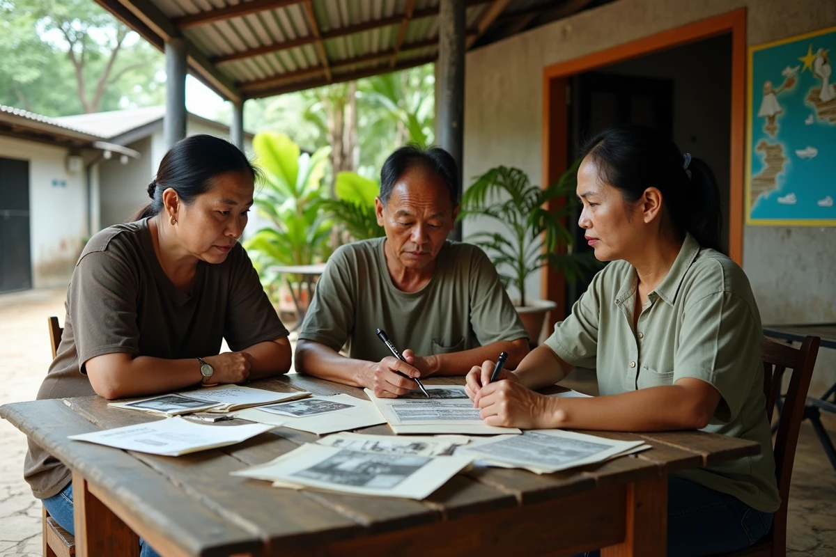 Groupe de survivants thaïlandais du tsunami réunis autour de documents et photos souvenirs dans un centre communautaire de Phuket