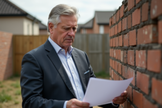 Homme d'affaires regardant des papiers devant un mur en briques