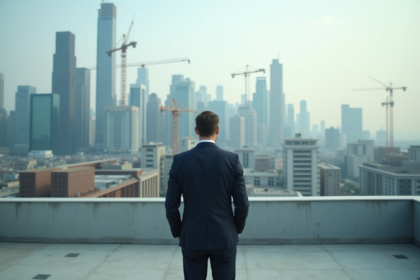 Homme d'affaires regardant la ville depuis un toit