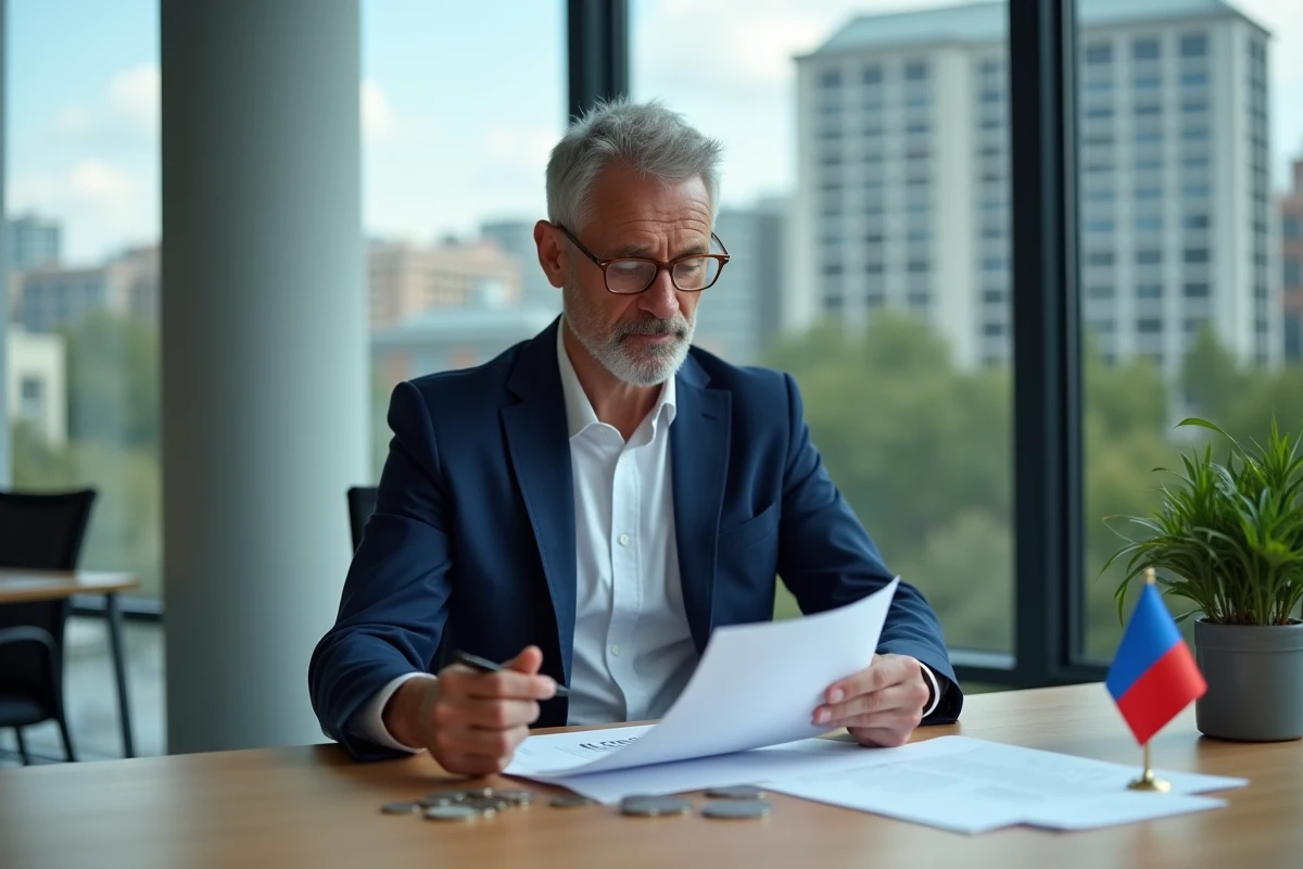 Homme d'affaires en costume lisant des documents financiers