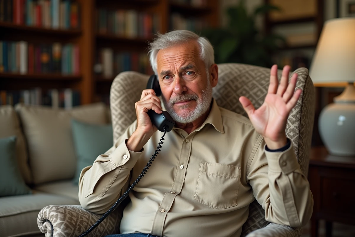 Homme âgé confus au téléphone fixe victime d'une tentative d'arnaque téléphonique