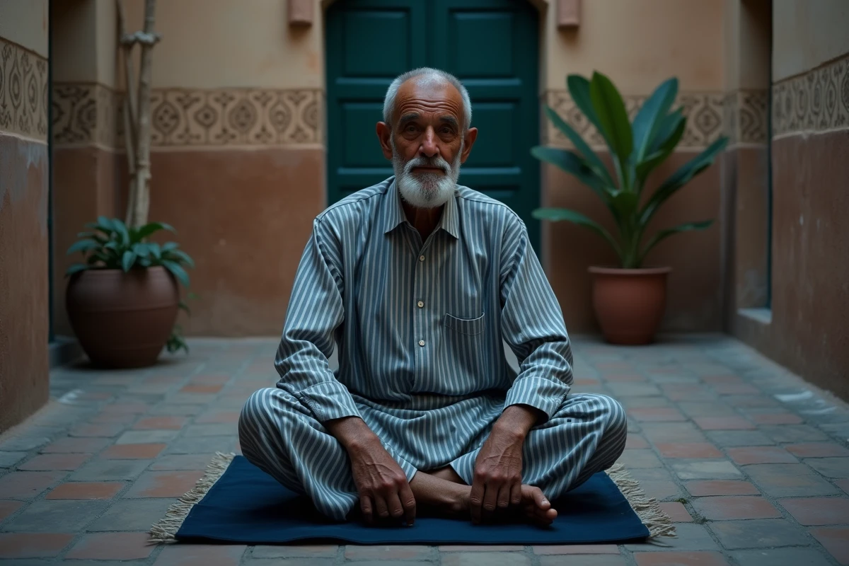 Homme âgé en djellaba assis en position de tachahoud sur un tapis de prière dans une cour intérieure marocaine
