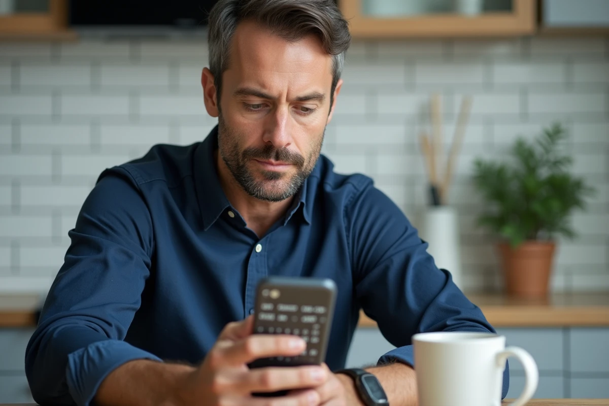 Homme consultant une application d'abonnement sur smartphone affichant un calendrier de dates et de jours dans une cuisine moderne