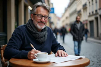 Homme d'âge moyen résolvant un mots croisés en extérieur à Bruxelles