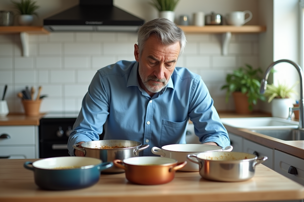Homme examinant différentes casseroles sur la table de cuisine