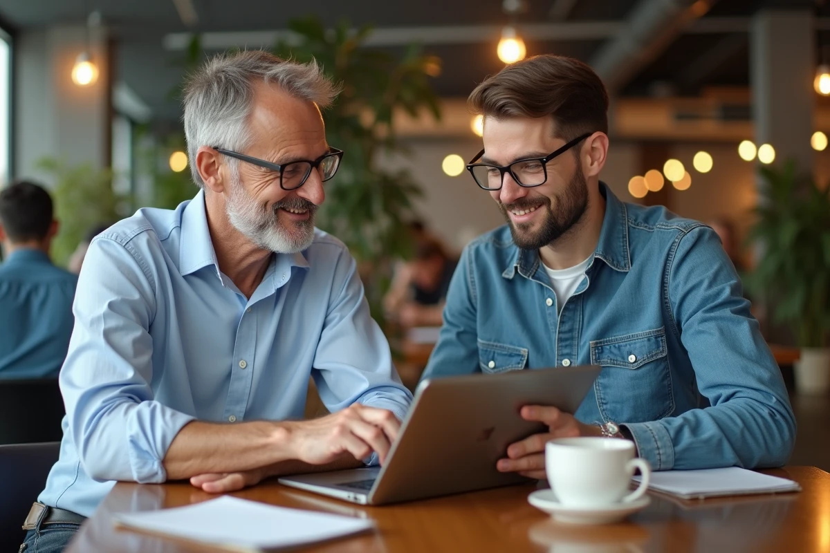 Homme guidant un ami sur le site Dubraz avec une tablette dans un espace de coworking