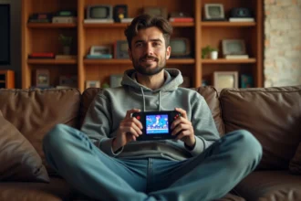 Homme en trentaine tenant une console rétro moderne sur un canapé en cuir entouré de jeux vidéo vintage