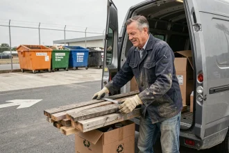 Homme déchargeant des déchets encombrants dans une déchèterie avec des bennes colorées en arrière-plan