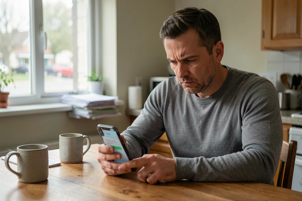 Homme face à un dilemme moral regardant un message sur son téléphone dans une cuisine, contexte de mesure d'éloignement
