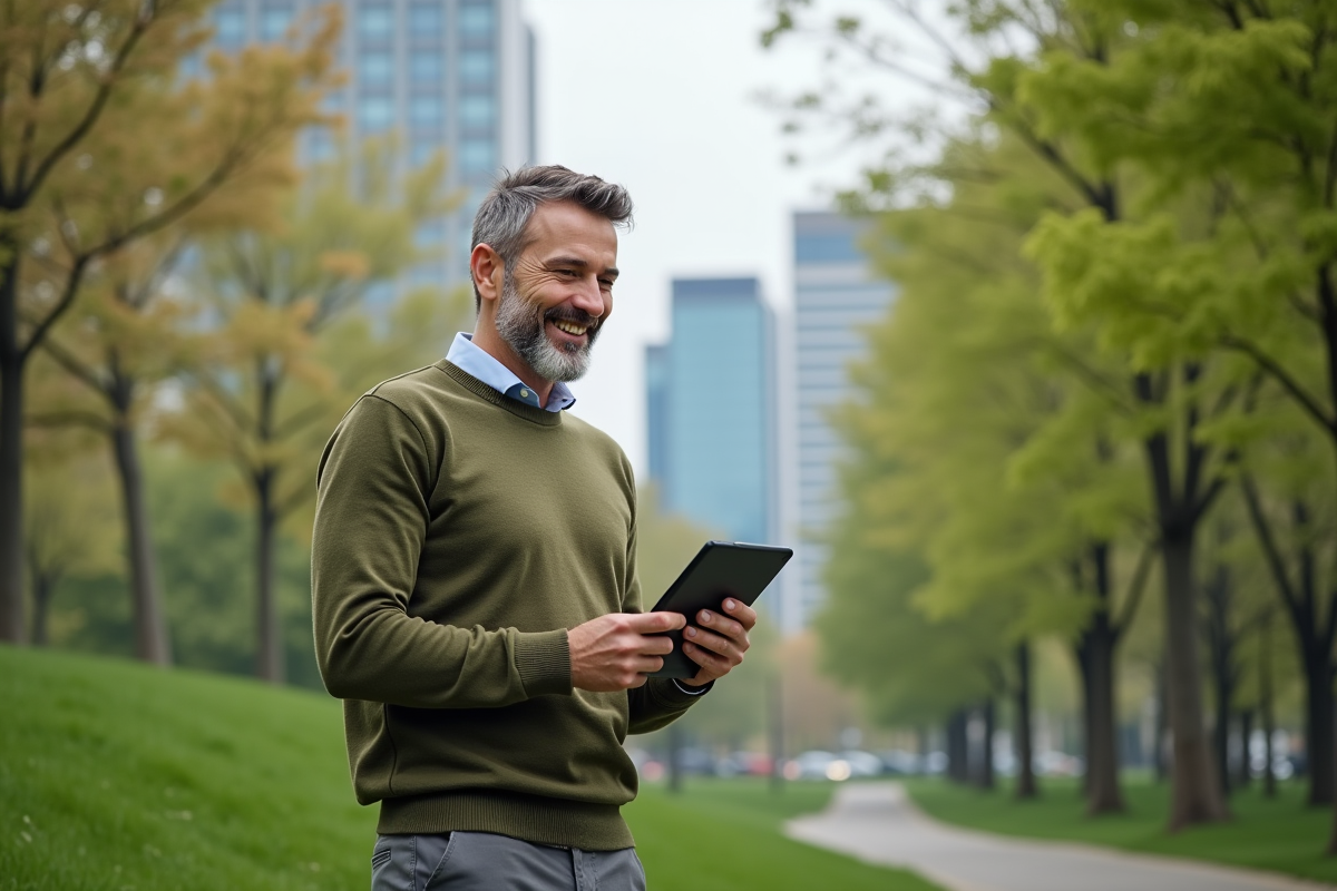 Homme en extérieur avec tablette pour investissements écologiques