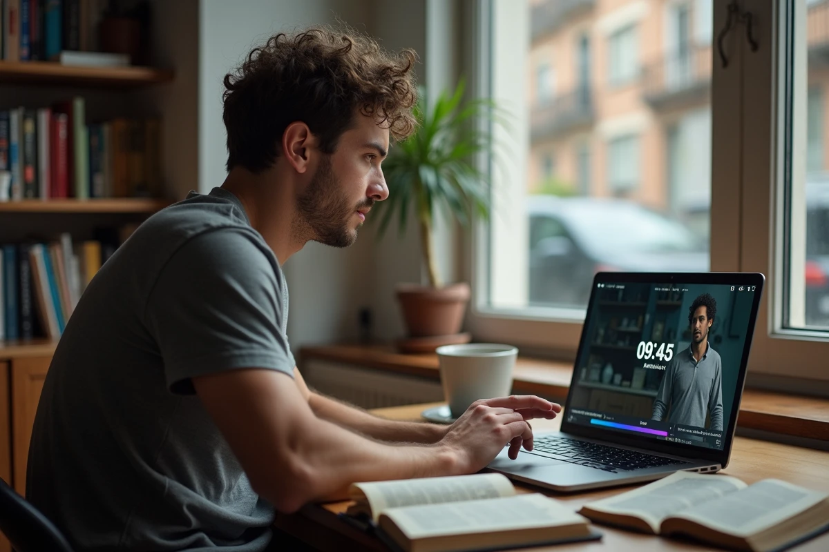 Homme pausant un film américain en VO sur son ordinateur portable, entouré d'un dictionnaire anglais-français pour comprendre la notation horaire AM et PM