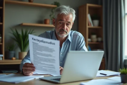 Homme inquiet examinant un document financier à domicile