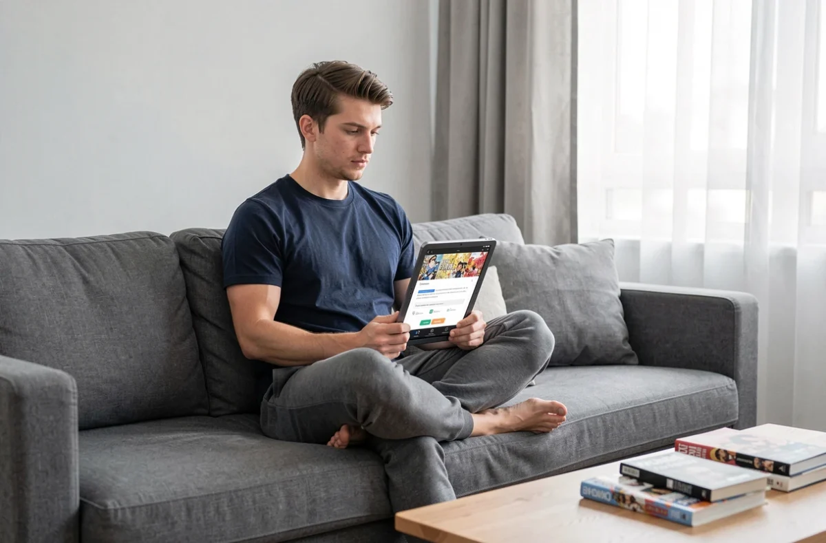 Homme lisant un manga yaoi sur tablette dans un salon moderne, illustrant le choix entre plateformes de scan gratuites et abonnements payants