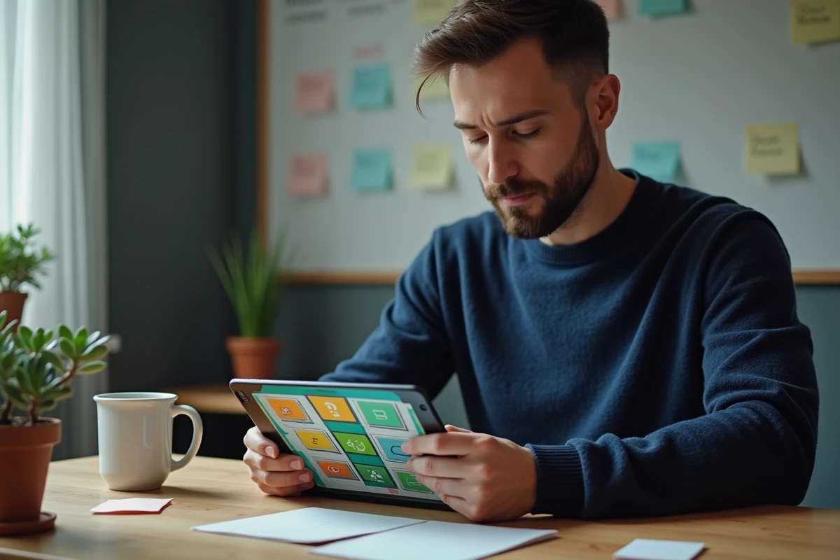 Homme consultant des liens de dés Monopoly GO sur une tablette dans un bureau à domicile