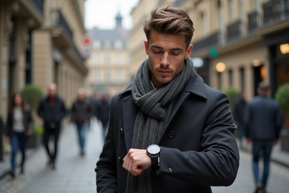 Jeune homme marche dans la ville vérifiant sa montre