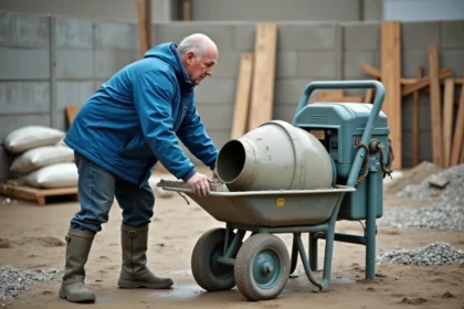 Ouvrier versant du ciment dans un malaxeur sur un chantier
