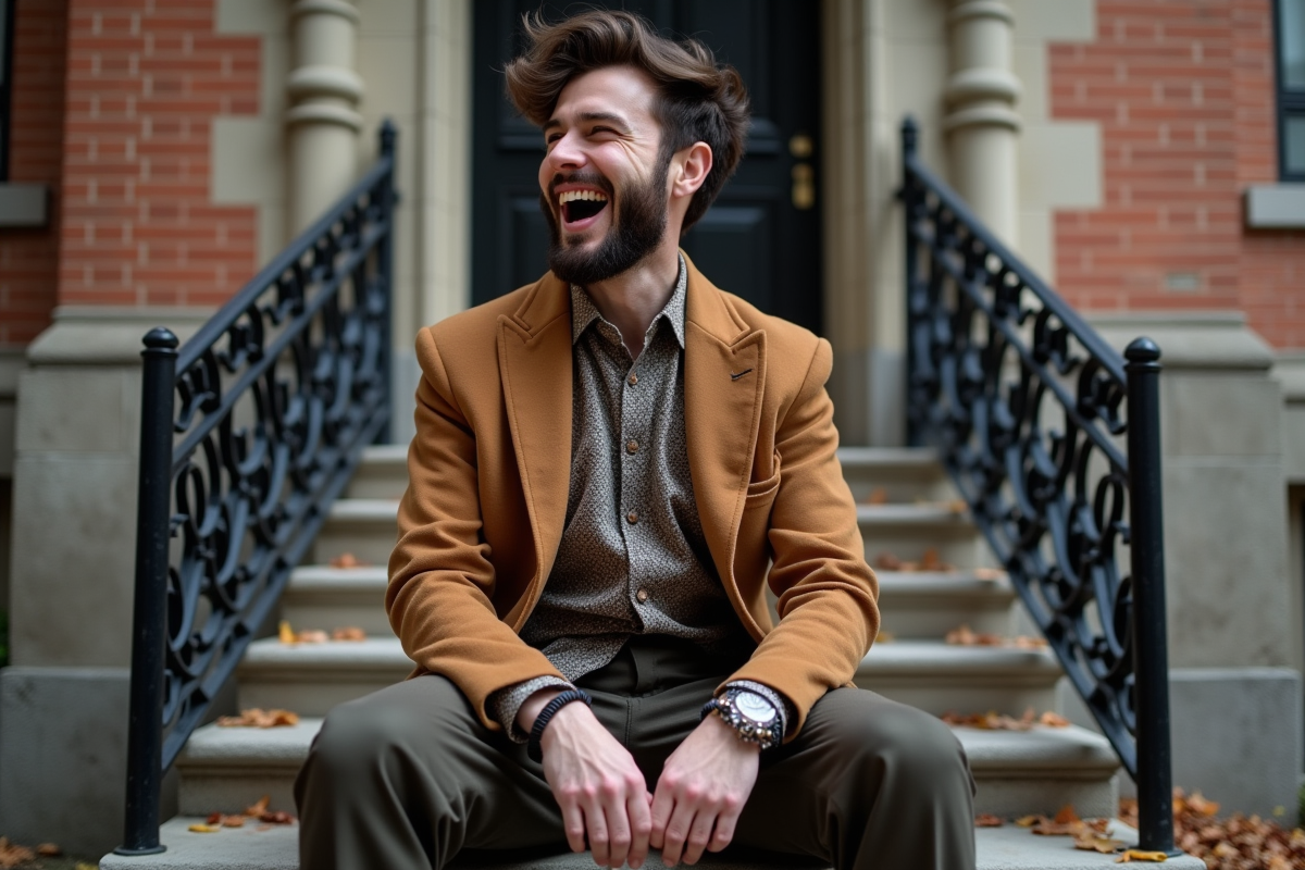 Jeune homme souriant en vêtements mode dans la rue