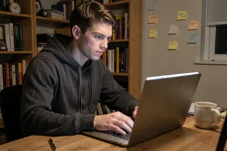 Jeune homme scrutant avec méfiance un site web inconnu sur son ordinateur portable dans un bureau à domicile