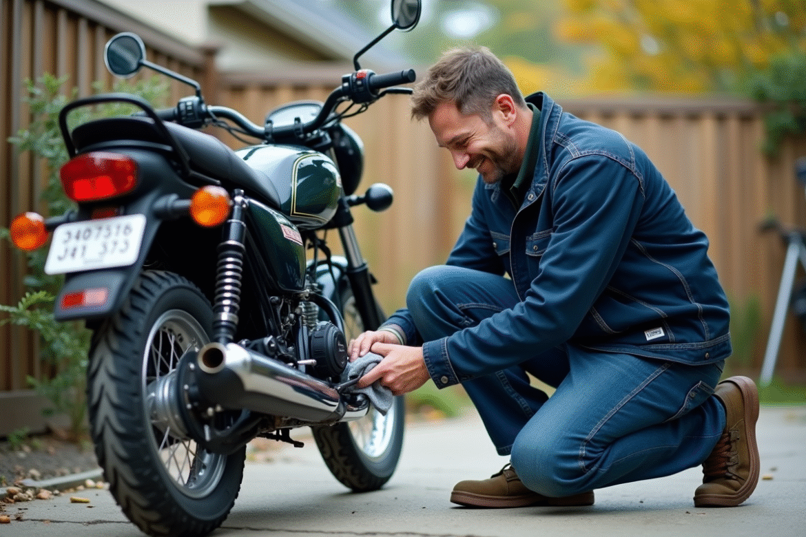 Homme nettoyant un échappement de Honda Dax 50 en extérieur