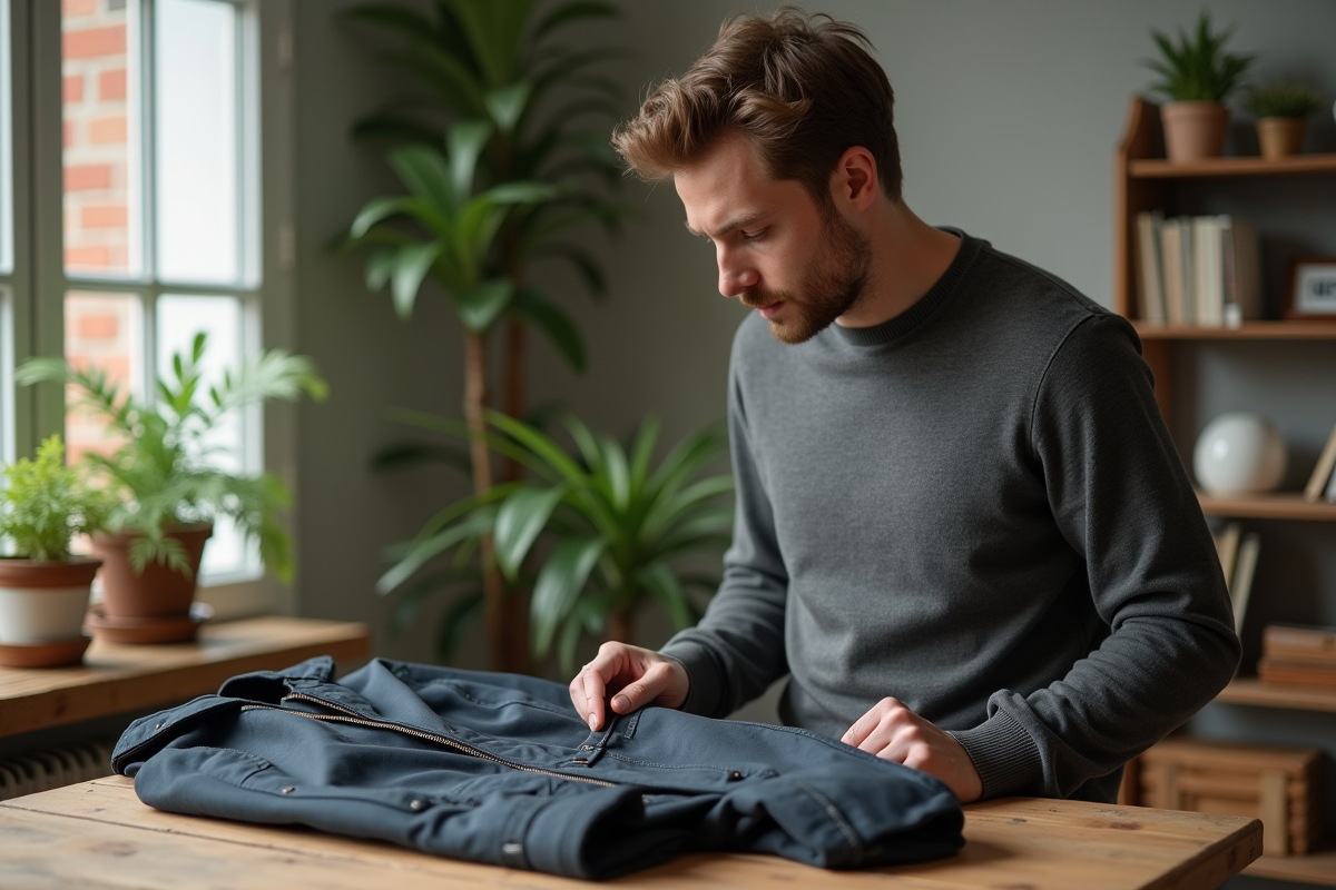 Homme photographie une veste sur une table en bois