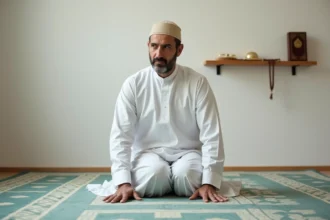 Homme en prière de nuit en position de prosternation sur un tapis de prière géométrique dans un coin de maison calme