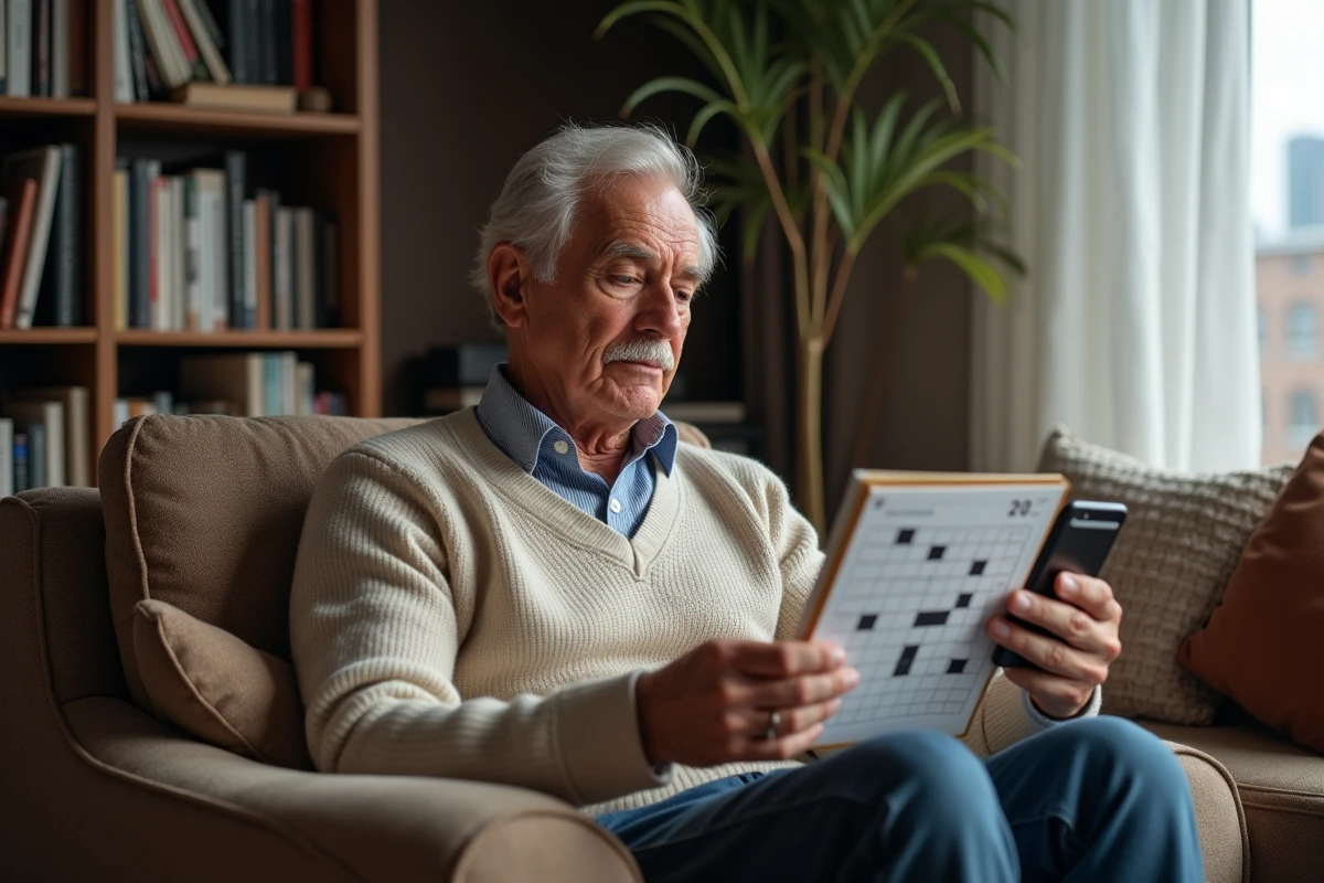 Homme âgé résolvant un puzzle dans un salon cosy