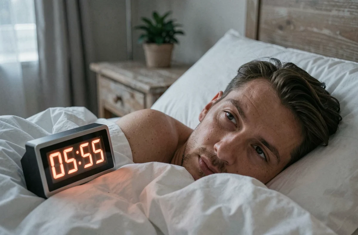 Homme allongé dans un lit regardant un réveil affichant 05h55, représentant la méditation sur la signification amoureuse de l'heure miroir
